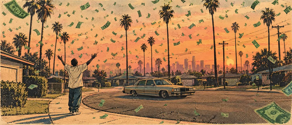 Ink and watercolour illustration: green dollar bills rain down over a palm-lined cul-de-sac at sunset while a man on the sidewalk raises both arms.